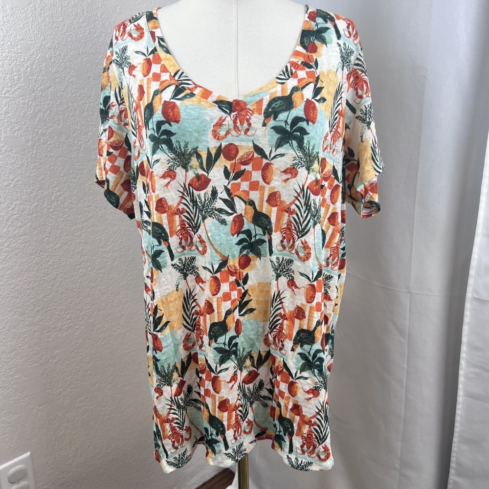 C&C California Top Womens 1X Tropical Fruit Print 100% Linen Novelty Coastal